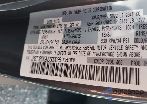 2022 Mazda Cx-9 Touring z USA, uszkodzony, nr VIN JM3TCBCY9N0602685